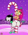 alien alien_girl altzegoz_(artist) ass big_ass big_breasts breasts candy_cane christmas dat_ass green_eyes nipples raven_(dc) snow starfire stockings teen_titans teen_titans_go thick_thighs thighs