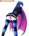 1girl ass big_ass big_breasts blue_eyes blue_hair breasts cameltoe dat_ass female female_only long_hair looking_at_viewer looking_back panties panty_&_stocking_with_garterbelt pantyshot reit simple_background solo stocking_(psg) stocking_anarchy stockings striped_panties two_tone_hair white_background