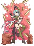 10s 1girl aiming_at_viewer anti-materiel_rifle aqua_eyes aqua_hair asada_shino erotibot fingerless_gloves glock gloves gun hair_ornament hairclip handgun high_res pistol rifle scarf shell_casing short_hair short_shorts shorts sinon_(sao) sniper_rifle sword_art_online weapon