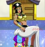  ass big_ass big_breasts black_hair breasts brown_skin dat_ass dicasty dicasty1 dragon_ball_super egyptian egyptian_clothes egyptian_headdress female goddess gold_beads green_eyes headdress heart heles_(dbs) king looking_back looking_down male red_lipstick tanned_skin turquoise_eye_shadow turquoise_sash zen-oh 