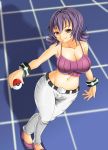 1girl adahcm alluring bare_shoulders cleavage looking_at_viewer looking_up midriff natsume_(pokemon) navel pokeball pokemon purple_eyes sabrina sabrina_(pokemon) short_hair smile standing tank_top thighs