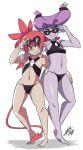 2_girls adjusting_sunglasses arm_around_shoulder arm_around_waist bangle barefoot bigdead93 bikini black_bikini black_swimsuit bracelet criss-cross_halter crossover dc_comics demon_girl demon_tail disgaea etna eyebrows female_only full_body halter_top halterneck high_res jewelry jinx multiple_girls pink_eyes purple_hair purple_skin red_eyes red_hair short_hair simple_background skull small_breasts spiked_hair sunglasses swimsuit tail tankini teen_titans thick_eyebrows twin_tails