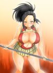 1girl adahcm bare_shoulders big_breasts black_hair boku_no_hero_academia center_opening cleavage momo_yaoyorozu my_hero_academia navel pole shiny shiny_skin standing thighs yaoyorozu_momo yellow_eyes