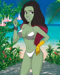  alien alien_girl bracelet carlshocker eyeshadow female_abs gamora green_skin guardians_of_the_galaxy hips infinity_gauntlet lips lipstick marvel_comics navel purple_eyeshadow sand sea sky smile teeth thighs white_bikini 