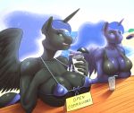  2017 2girls anthro anthrofied areolae big_breasts bikini breast_rest breast_size_difference breasts clothing cup drinking_straw duo english_text equine feathered_wings feathers friendship_is_magic furry hair hand_on_breast highres holding_object horn huge_breasts mammal megablack0x my_little_pony nightmare_moon nipple_bulge outside princess_luna seaside swimsuit text winged_unicorn wings 