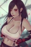 1girl bare_shoulders big_breasts black_hair breasts cleavage earrings eyeshadow female female_only final_fantasy fingerless_gloves gloves large_breasts looking_at_viewer midriff navel red_eyes red_gloves shirt_lift skindentation soranamae suspenders tank_top tifa_lockhart