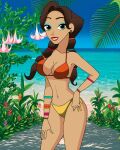  ailf bracelet brown_hair carlshocker disney earrings eyeshadow female_abs female_focus female_only green_eyes hips multicolored_bikini navel sand sea sky smile tangled tangled:_the_series teeth thighs twin_tails willow_(tangled) 