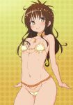 1girl :) bikini brown_hair cute long_hair necklace small_breasts smile to_love-ru yellow_bikini yellow_eyes yuuki_mikan