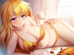 1girl bare_shoulders bed_sheet big_breasts bikini blonde_hair blush bow breasts cleavage collarbone curtains eyebrows eyebrows_visible_through_hair guardian_panda hair_between_eyes high_res long_hair looking_at_viewer lying midriff navel off_shoulder on_side pulled_by_self purple_eyes rwby smile stomach strap_pull swimsuit yang_xiao_long yellow_bikini yellow_bow