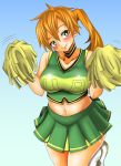 1girl adahcm bare_shoulders cheerleader gradient_background green_clothes green_eyes itsuka_kendo midriff my_hero_academia orange_hair pom_poms shiny shiny_skin side_ponytail smile standing sweatdrop