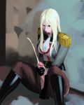 1girl aka6 blonde_hair cum ejaculation futanari lipstick long_hair magic_the_gathering masturbation open_mouth penis red_lipstick sitting thalia_guardian_of_thraben uncensored