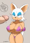 1boy 1girl anthro armwear bat bikini blue_eyes breasts cleavage clothed clothing dialogue elbow_gloves english_text eyelashes faceless_male furry gloves huge_breasts human interspecies josieokami large_breasts larger_male male mammal nipple_bulge penis precum rouge_the_bat sega short_stack signature size_difference smaller_female smile sonic_(series) speech_bubble swimsuit text