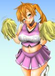 1girl adahcm bare_shoulders cheerleader gradient_background green_eyes itsuka_kendo midriff my_hero_academia orange_hair pink_clothes pom_poms shiny shiny_skin side_ponytail smile standing sweatdrop