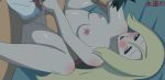 ash_ketchum bed bed_sheet blush bottomless eternal_(artist) half-closed_eyes korrina medium_breasts mosaic_censoring nipples nude pokemon_(anime) pokemon_xy porkyman satoshi_(pokemon) sex vaginal vaginal_penetration vaginal_sex