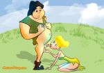  1girl 1guy black_hair blonde_hair blue_eyes brown_eyes cartoonvalley.com clank disney disney_fairies fairy fat fellatio grass kneeling long_hair looking_down looking_up navel oral outdoors partially_clothed penis_lick peter_pan tinker_bell 