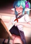  1girl blush clothed cum desk desk_hump desk_sex finana_ryugu headfins neroshi nijisanji pussy pussy school_uniform table_sex virtual_youtuber vtuber 