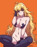 1girl akairiot big_breasts black_pasties blonde_hair blue_eyes breasts gloves long_hair navel nipple_tape pasties purple_eyes rwby sitting stockings taped_nipples yang_xiao_long