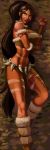 1girl abs aka6 bodypaint brown_hair cleavage dark-skinned_female dark_skin green_eyes league_of_legends long_hair looking_at_viewer lying nidalee on_back on_floor shiny shiny_skin solo