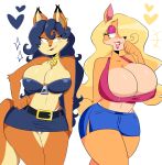 2girls anthro belt big_breasts blonde_hair blue_hair breast_size_difference breasts carmelita_fox cleavage clothed clothing crash_bandicoot_(series) duo eyebrows eyelashes furry hair hair_over_eye hand_on_hip high_res huge_breasts jinu long_hair panties shorts skirt sly_cooper_(series) tawna_bandicoot thick_thighs thigh_gap underwear video_games