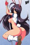  1girl 2017 ass bigdead93 black_hair breasts bunny_ears bunny_girl cute hair_over_one_eye ikkitousen kanu_unchou long_hair nipples stripper_pole tail 