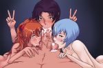 1boy 3girls ass asuka_langley_souryuu blue_eyes blue_hair blush breasts brown_eyes butt_crack cum cum_in_mouth cum_in_nose cum_on_hair double_v earrings facial fellatio furanh kiss_mark licking lipstick lipstick_mark long_hair looking_at_viewer lying medium_breasts misato_katsuragi multiple_fellatio multiple_girls naughty_face neon_genesis_evangelion nude oral orange_hair penis pink_eyes pov pov_eye_contact purple_hair red_eyes redhead rei_ayanami short_hair simple_background sucking_testicles sweatdrop testicle tongue uncensored veiny_penis