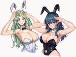 2023 2_girls absurd_res alluring alternate_costume animal_ears arms_up bare_arms bare_shoulders big_breasts black_hairband black_leotard blue_eyes bow bowtie breasts bunny_ears bunny_girl bunnysuit byleth_(female)_(fire_emblem) byleth_(fire_emblem) byleth_(fire_emblem)_(female) cleavage clothing_cutout commentary_request detached_collar fake_animal_ears female_only fire_emblem fire_emblem:_three_houses gesture green_eyes green_hair grey_background hair_ornament hairband heart high_res leotard light-skinned_female light_skin long_hair looking_at_viewer mali-sa multiple_girls navel navel_cutout nintendo playboy_bunny pose rabbit_ears rhea_(fire_emblem) simple_background smile strapless strapless_leotard teal_hair upper_body very_long_hair white_hairband white_leotard