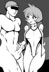 bar_censor censored cfnm clothed_female_nude_male handjob jacket jacket_open kasumi_(pokemon) looking_at_another misty monochrome open_jacket out_of_frame penis pokemon pokemon_(game) pokemon_hgss porkyman sitting smile swimsuit