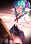  1girl blush clothed cum desk desk_hump desk_sex finana_ryugu headfins neroshi nijisanji pussy school_uniform table_sex virtual_youtuber vtuber 