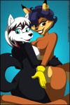 1girl 2017 anthro ass barely_visible_genitalia biped blue_eyes breast_squish breasts breasts_frottage brown_eyes canine carmelita_fox cel_shading clothing digital_drawing_(artwork) digital_media_(artwork) duo ear_piercing female/female fox fur furry gloves grin hair hands_on_hip looking_at_viewer looking_back mammal mostly_nude multicolored_fur multicolored_hair nipples nude piercing purple_hair pussy short_hair sly_cooper_(series) smile subtle_pussy toony two_tone_fur verona7881 video_games wolf