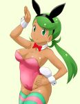 1girl animal_ears animal_tail areolae_slip armpit blush bowtie breasts brown_skin bunny_ears bunny_tail bunnysuit green_eyes green_hair hand_on_hip long_hair mallow mallow_(pokemon) mao_(pokemon) medium_breasts nintendo pokemon pokemon_(game) pokemon_sm shiny_skin simple_background smile stockings striped_stockings tof