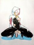 blonde_hair breasts dildo dildo_sitting ghost_spider gwen_stacy marvel marvel_comics medium_breasts one_breast_out pussy_juice spider-gwen spider-man_(series) squirt torn_clothes