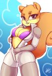 1girl 1girl 2017 anthro big_breasts big_tail breasts buckteeth cleavage clothed clothing eyebrows eyelashes furry high_res looking_at_viewer mammal navel nickelodeon pink_nose rodent sandy_cheeks secretly_saucy spongebob_squarepants squirrel standing teeth undressing