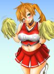 1girl adahcm bare_shoulders cheerleader gradient_background green_eyes itsuka_kendo midriff my_hero_academia orange_hair pom_poms shiny shiny_skin side_ponytail smile solo standing sweatdrop