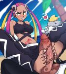 10s 1boy 1girl bare_shoulders barefoot dark_skin feet footjob furanh ganguro large_penis male_pubic_hair midriff parted_lips penis pink_hair plumeri_(pokemon) plumeria pokemon pokemon_sm pubic_hair sweat team_skull toes uncensored veins veiny_penis yellow_eyes