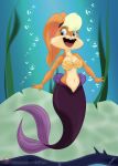 1girl 2022 anthro blonde_hair blue_eyes bra breasts bubble buckteeth cleavage clothed clothing female fur hair high_res lagomorph leporid lola_bunny looney_tunes mammal marine merfolk miniferu open_mouth patreon purple_body rabbit seashell_bra solo space_jam split_form tan_body tan_fur teeth underwater underwear warner_brothers water