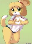 1girl 1girl 2017 absurd_res animal_crossing anthro black_nose breasts canine clothed clothing dipstick_tail dog dotted_background furry green_eyes high_res isabelle_(animal_crossing) looking_at_viewer mammal multicolored_tail navel nintendo open_mouth open_shirt panties pattern_background shih_tzu shinsuke simple_background underwear video_games