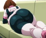 ai_generated back_view backboob bare_thighs big_ass big_ass bodysuit boku_no_hero_academia brunette fat_ass gigantic_ass gigantic_breasts hero_outfit_(mha) huge_breasts huge_thighs light-skinned_female light_skin lying_on_back lying_on_stomach massive_ass massive_breasts my_hero_academia ochako_uraraka sawahebi short_hair solo_female thick_body thick_female thick_thighs thighs voluptuous voluptuous_female