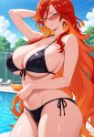 1girl ai_generated big_breasts bikini black_bikini breasts cleavage earrings female_only genshin_impact hand_behind_head long_hair mavuika_(genshin_impact) orange_eyes orange_hair outdoor_pool outside pool poolside smile solo_female sunglasses vegaforge