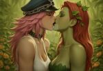  2_girls arms_at_sides bare_shoulders batman_(series) black_collar black_hat black_headwear blush bopitphy capcom chains closed_eyes collar collarbone couple crossover dc_comics duo eyeshadow female/female female_only final_fight flower green_eyeshadow green_leotard green_skin hair_ornament hat headwear jungle kissing leaf leaf_clothing leaf_hair_ornament leaves leotard lips lipstick long_hair love makeup multiple_girls mutual_yuri nature neck pamela_isley peaked_cap pink_hair plant_girl poison_(final_fight) poison_ivy red_hair romantic romantic_couple rose sleeveless straight_hair strapless strapless_leotard street_fighter_6 street_fighter_v supervillainess tank_top upper_body villainess white_tank_top yellow_flower yellow_rose yuri 
