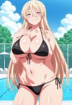 1girl ai_generated arm_behind_back azur_lane big_breasts bikini bismarck_(azur_lane) black_bikini blonde_hair blue_eyes blush breasts cleavage female_only hand_on_chest hand_on_own_chest long_hair outdoor_pool outside pool poolside smile solo_female vegaforge