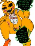  1girl 1girl animatronic animatronic_female beakless big_breasts chicken chicken_girl dialogue five_nights_at_freddy's five_nights_at_freddy's_2 fnaf phasianid robot robot_girl scottgames shushing toy_chica_(fnaf) yellow yellow_skin 