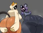  1girl 2_girls animal_humanoid animal_tail anthro arc_system_works arm_tuft ass bear big_ass big_breasts blazblue bodily_fluids breasts cat_humanoid clothing dark_body dark_skin duo empty_eyes epic_games eye_scar eyelashes facial_scar fecharis felid felid_humanoid feline feline_humanoid fortnite fur furry grey_background grey_body grey_fur high_res holding_butt hoodie huge_ass humanoid kaka_(blazblue) looking_at_viewer looking_back looking_back_at_viewer mammal mammal_humanoid obscured_face purple_hood raven_team_leader rear_view red_eyes ribznsfw scar sharp_teeth shoulder_tuft simple_background smile sweat tail tan_clothing tan_hoodie tan_topwear taokaka teeth thick_thighs topwear tuft white_eyes wide_hips 