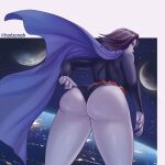 1girl 1girl 1girl ass back_view big_ass cape cloak clothed dat_ass dc_comics female_only forehead_jewel grey_skin high_res horizonah221 leotard looking_at_viewer looking_back purple_eyes purple_hair rachel_roth raven_(dc) superheroine teen_titans thick_thighs thong_leotard