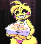  1girl 1girl animatronic anthro avian beakless big_breasts bird bouncing_breasts bouncymae breasts clothed clothing clothing_lift five_nights_at_freddy's five_nights_at_freddy's_2 gif grin heart_eyes heart_symbol huge_breasts looking_at_viewer machine nipples non-mammal_nipples panties robot scottgames sharp_teeth shirt shirt_lift smile teeth topwear toy_chica_(fnaf) underwear 