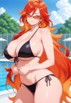 1girl ai_generated big_breasts bikini black_bikini breasts cleavage earrings female_only genshin_impact long_hair mavuika_(genshin_impact) orange_eyes orange_hair outdoor_pool outside pool poolside smile solo_female sunglasses vegaforge