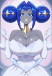 ai_generated android_girl blue_eyes blue_hair gigantic_breasts glitch_productions grey_body grey_skin grin gwen_(knights_of_guinevere) huge_breasts knights_of_guinevere looking_at_viewer massive_breasts princess_guinevere solo_female thick_body thick_female twin_buns voluptuous voluptuous_female yellowsli