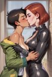  2_girls against_wall avengers avengers:_age_of_ultron bare_shoulders big_breasts black_bodysuit black_hair black_widow black_widow_(marvel) black_widow_(movie) blush bodysuit bopitphy breasts camisole cleavage closed_eyes couple crossover dark-skinned_female dark_skin day dc_comics duo earrings eyeshadow female/female female_only green_hoodie grey_eyeshadow height_difference heroine hoodie indoor interracial interracial_couple interracial_yuri jewelry kissing lips lipstick lois_lane lois_lane_(my_adventures_with_superman) long_sleeves love makeup marvel marvel_comics multiple_girls mutual_yuri my_adventures_with_superman nail_polish natasha_romanoff neck off_shoulder open_bodysuit open_clothes pink_lipstick red_earrings red_hair romantic romantic_couple shadow short_hair skin_tight small_breasts spy standing superhero_costume superheroine superman_(series) undressing undressing_another white_camisole window yuri 