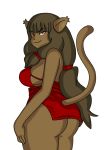 1girl 2017 anthro ass atomizzk bottomless breasts brown_eyes brown_fur brown_hair cat clothed clothing digital_media_(artwork) feline fur furry hair half-closed_eyes high_res looking_at_viewer mammal miranda_(wakfu) pose raised_tail rear_view sideboob simple_background smile standing wakfu white_background