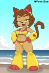 animal_nose armor armored_boots beach beige_fur big_breasts blue_sky brown_hair cat_ears cat_girl cat_tail dtavs dtavs.exe fangs fur furry furry_female gameoverse goggles goggles_on_head hands_on_hips kit_bodega knee_boots looking_at_viewer mechanical_boots navel open_mouth pink_eyes sea seaside short_hair smile thick_eyebrows tongue upper_teeth_only whiskers yellow_armor