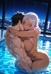 1boy1girl 1girl ai_generated curvy curvy_female curvy_figure fire_force hibana_(fire_force) night nude pink_hair pool sex standing_sex tanned_female